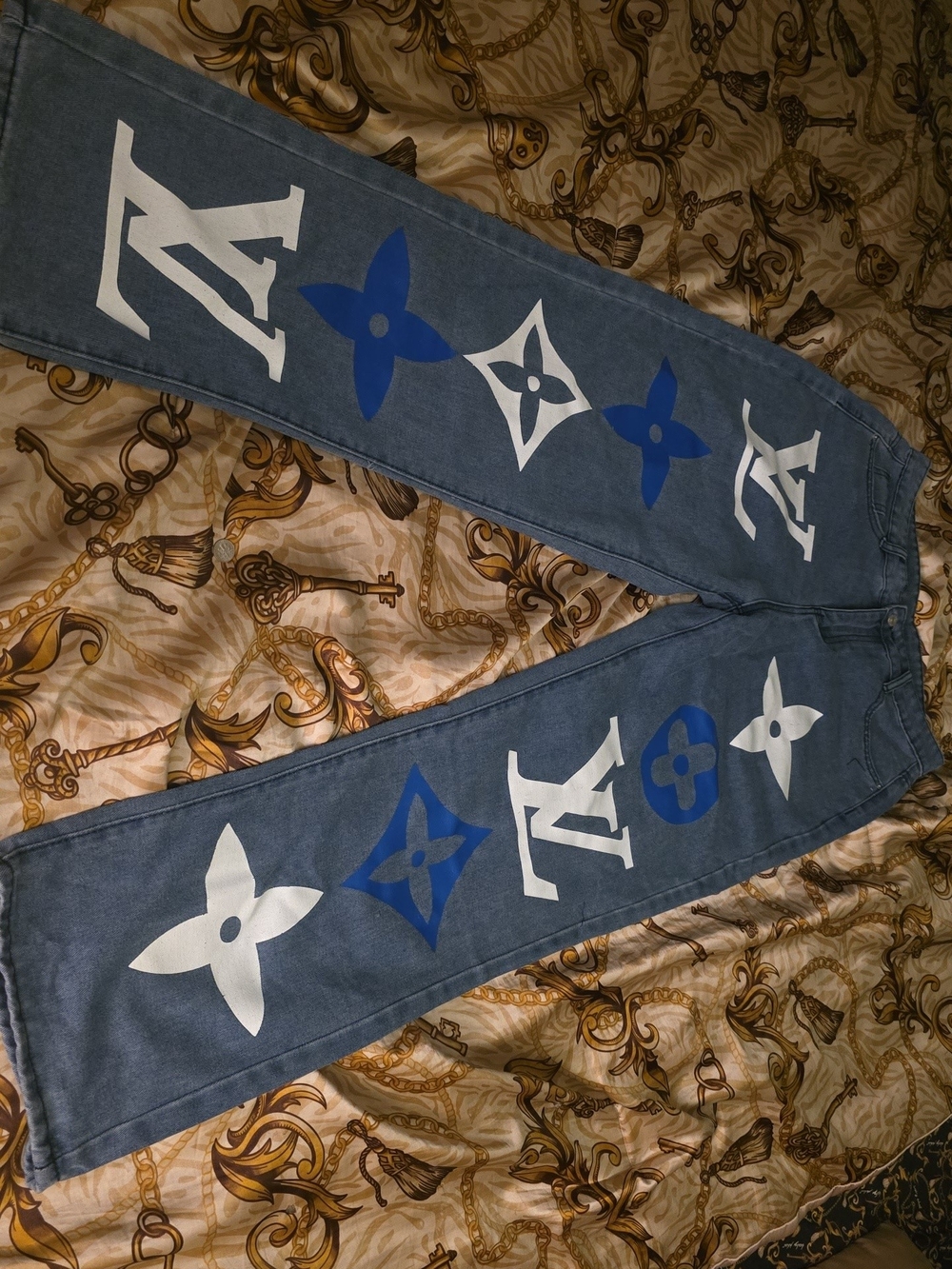 Designer-Style Blue Jeans with White & Blue Logo Prints